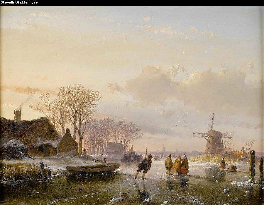 Andreas Schelfhout Skaters and figures on a frozen river